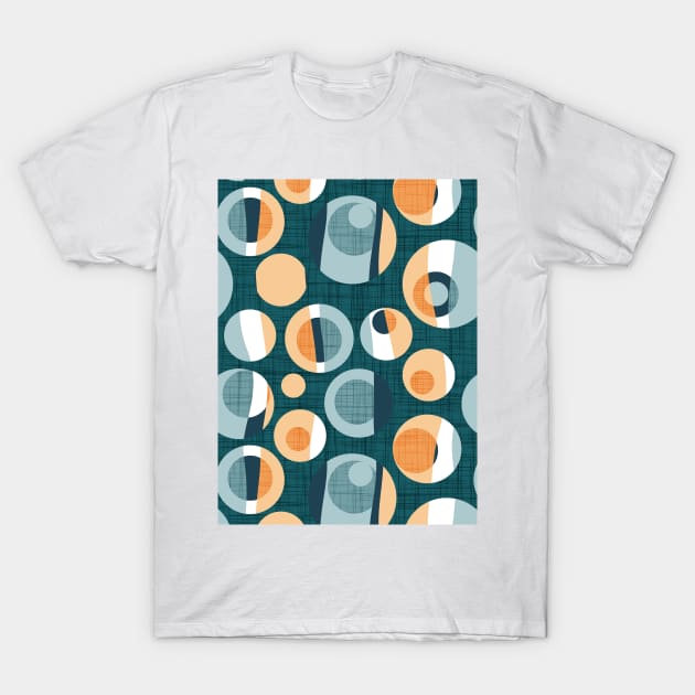 Rounded inspiration // pattern // green pine linen texture background orange tequila sunrise and blue malibu circles T-Shirt by SelmaCardoso